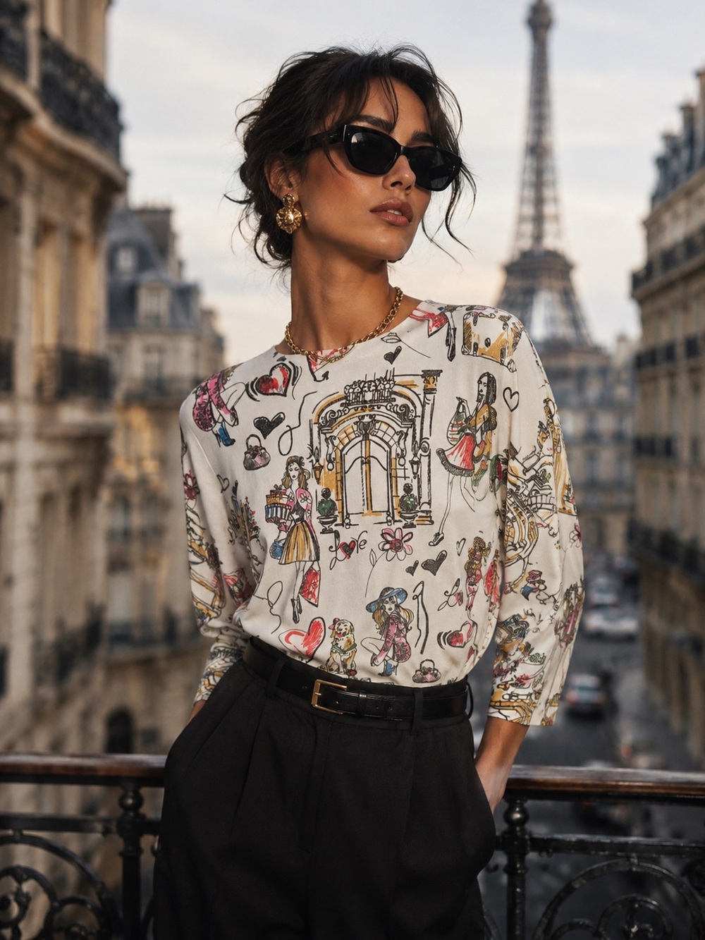 Sioni Illustrated Parisian Print Long-Sleeve Lightweight Knit Blouse XS NWT